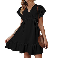 Solid Color Short Sleeve V Neck Drawstring Casual Ruffle A Line Swing Mini Summer New Dress