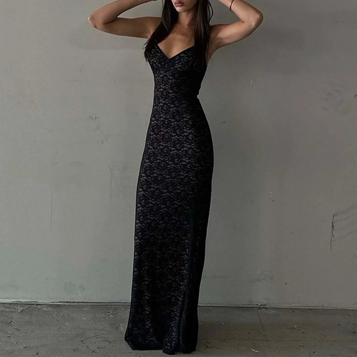 Elegant Solid Lace See Through Spaghetti Strap Sexy Backless Maxi Summer Party Dress