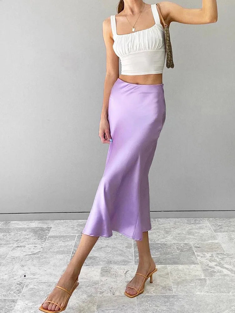 DressBetty - Elegant Solid Purple Silk High Waist Skirt Main image