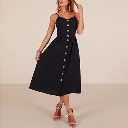 Solid Camisole Fashionable Patchwork Button Tie Midi Dresses