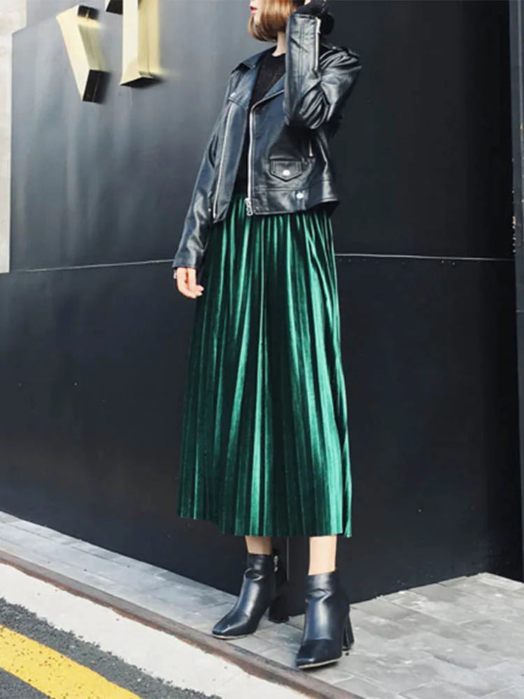 Metallic Pleated Silver High Waist Midi Dress