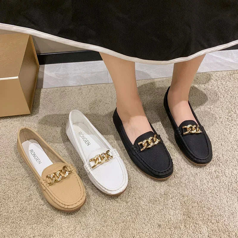 Metal Chain Low Heel Round Head Bean Casual Footwear Mother Lady Loafers