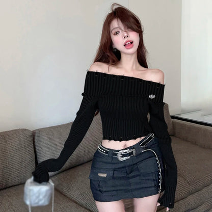 Spring Autumn Off Shoulder Solid Hole Slim Sexy Knitted Sweater