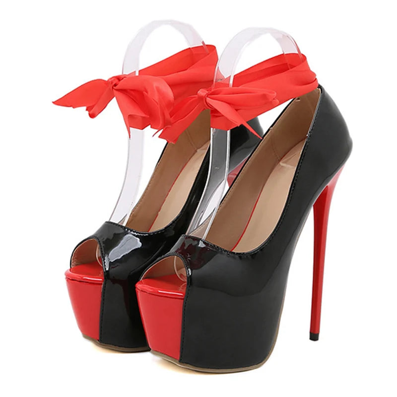 Vibrant Spring Autumn Red Ankle Strap Platform Fashion Runway High Heel