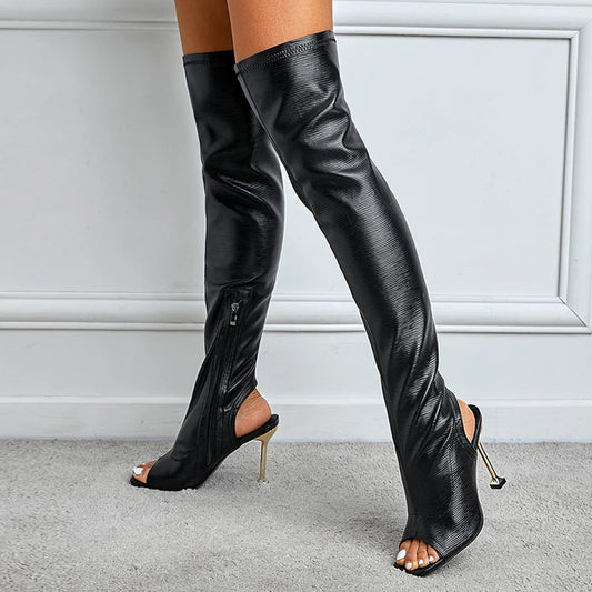 Elegant Spring Autumn Zip Metal Thin Heels Over The Knee Party High Heel