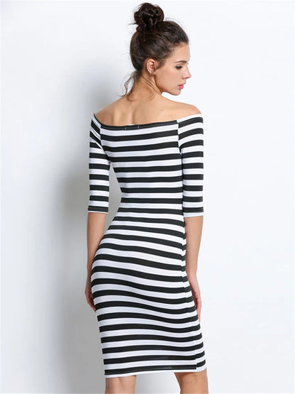 Spring Summer Woman Size Casual Stripe Off Shoulder Long Midi Dresses