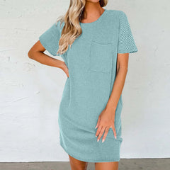 Spring Summer T Shirt Solid Color Round Neck Short Sleeved Casual Pocket Loose Striped Printed Dress