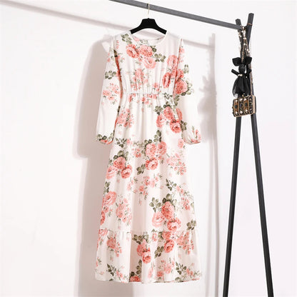 Spring Maxi Casual Full Floral Printed O-neck Woman Bohe Party Midi Dresses