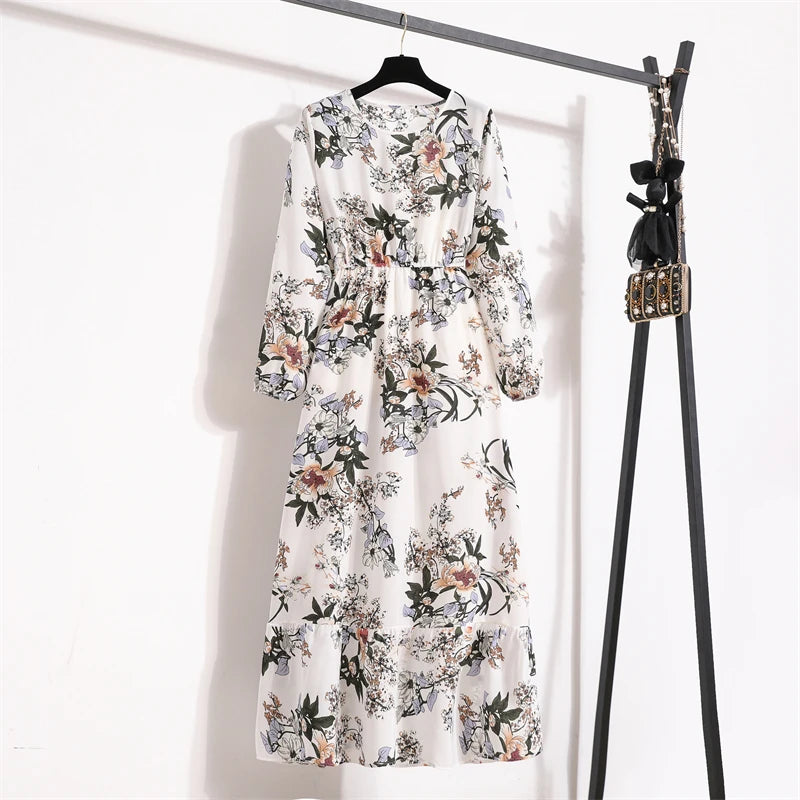 Spring Maxi Casual Full Floral Printed O-neck Woman Bohe Party Midi Dresses