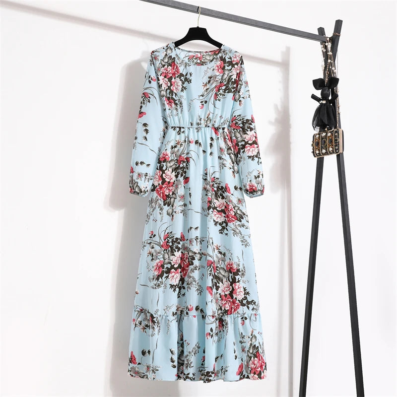 Spring Maxi Casual Full Floral Printed O-neck Woman Bohe Party Midi Dresses