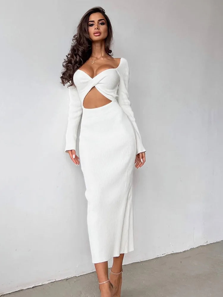 Spring Autumn Women's Solid Color Long sleeved Temperament Slim Hollow Open Midi Dresses Main image