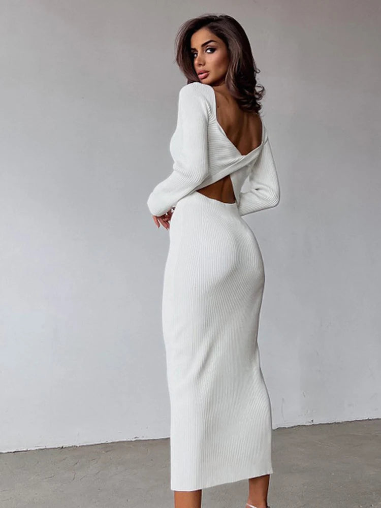 Spring Autumn Women's Solid Color Long sleeved Temperament Slim Hollow Open Midi Dresses