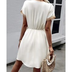 Lace V-Neck Panel Short Sleeve Midi Dress