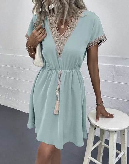 Fresh Sweet Solid Short Lace V-Neck Waist Panel Skirt Midi Dresses