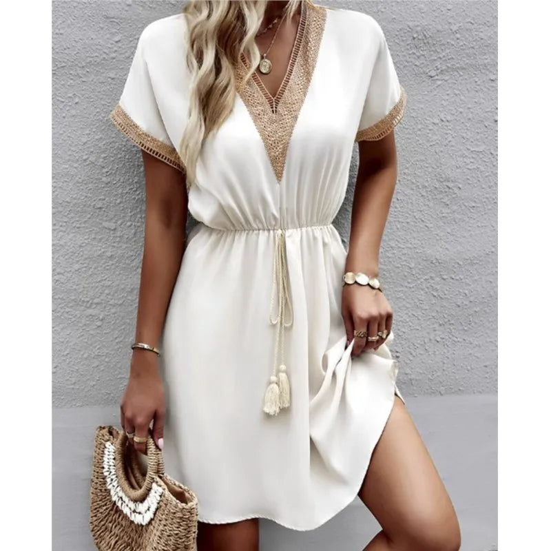 Lace V-Neck Panel Short Sleeve Midi Dress Main image