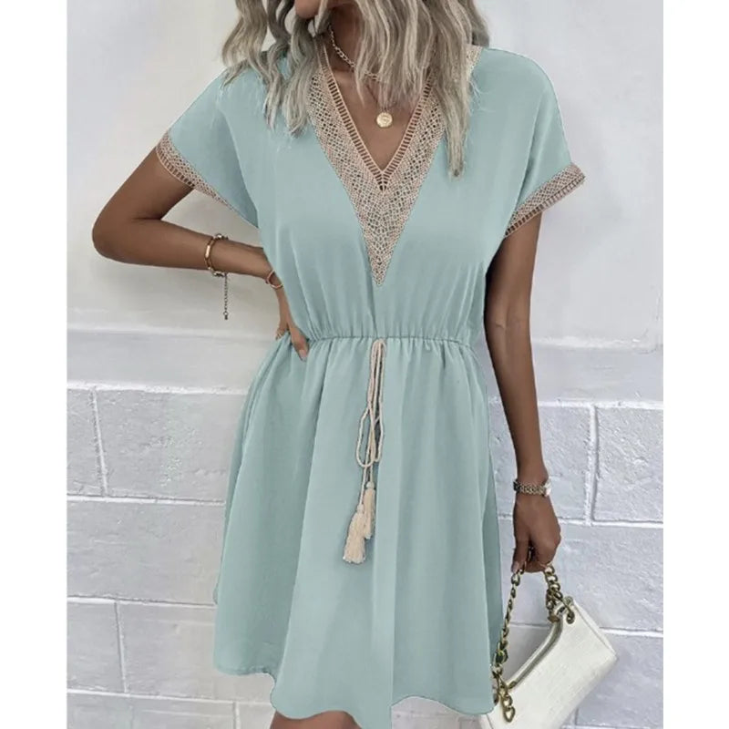 Fresh Sweet Solid Short Lace V-Neck Waist Panel Skirt Midi Dresses
