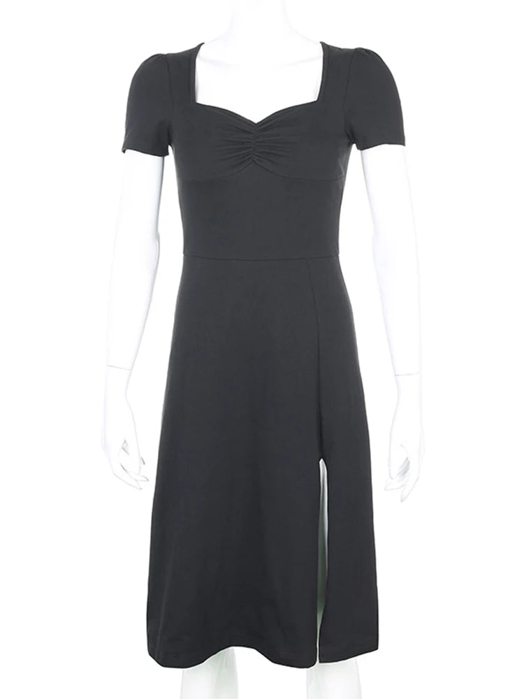 Elegant Ruched Black Short Casual Female Summer es New Midi Dresses