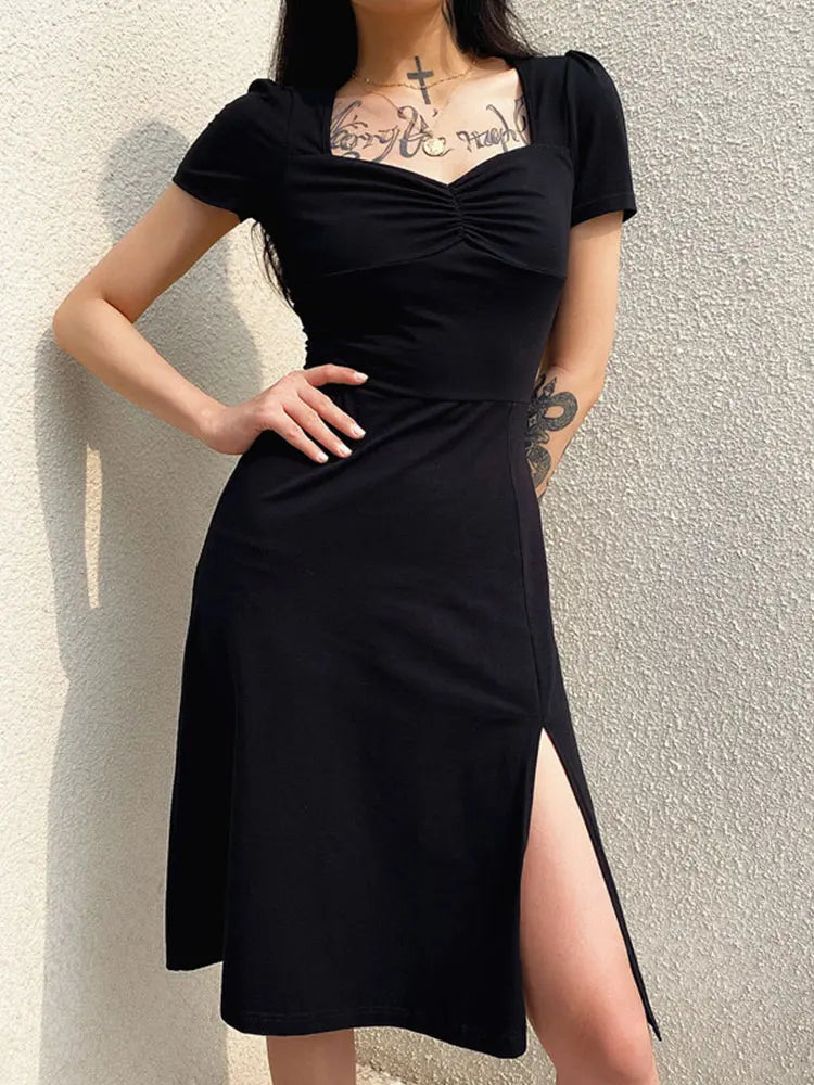 Square Ruched Black Side Split Casual Gothic Sun New Midi Dresses