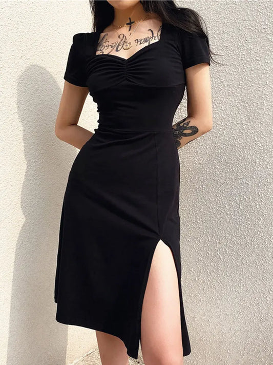 Square Ruched Black Side Split Casual Gothic Sun New Midi Dresses
