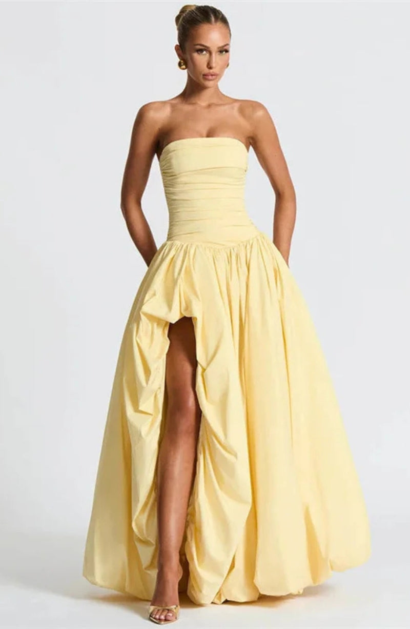 Strapless High Split Lace-Up Back Maxi Dress