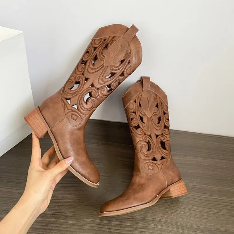 Street Retro Brown Mid calf Hollow Breathable Western Rider Ankle Boot