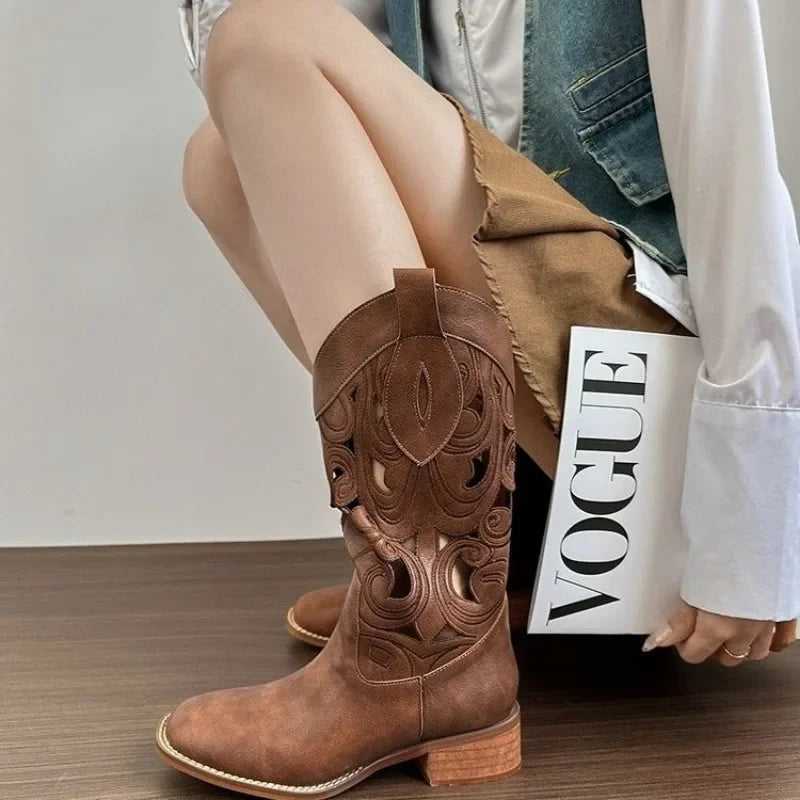 Street Retro Brown Mid calf Hollow Breathable Western Rider Ankle Boot Secondary image