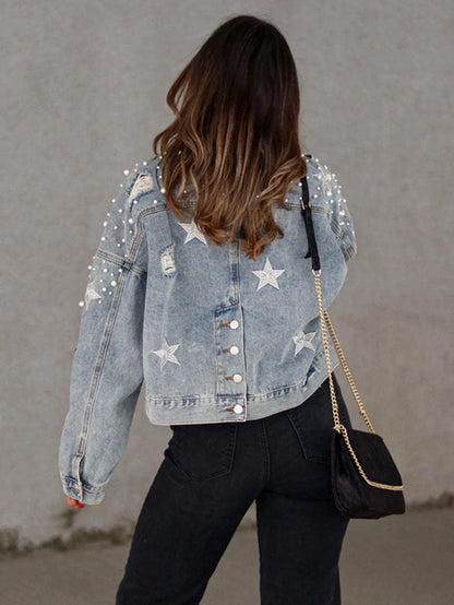 Streetwear Denim Beadings Rhinestone Embroidery Casual Jacket