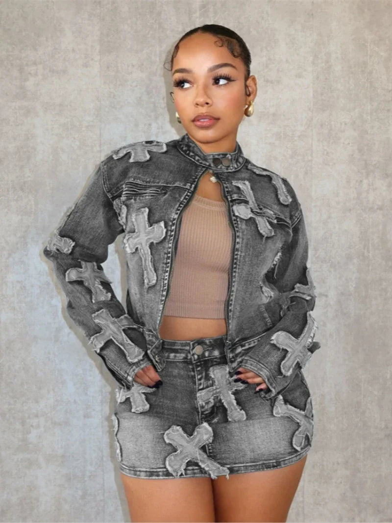 Fashion Patchwork Mini Short Two Piece Denim Jacket Main image