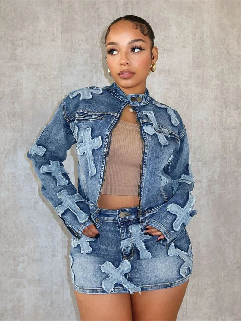 Fashion Patchwork Mini Short Two Piece Denim Jacket Secondary image