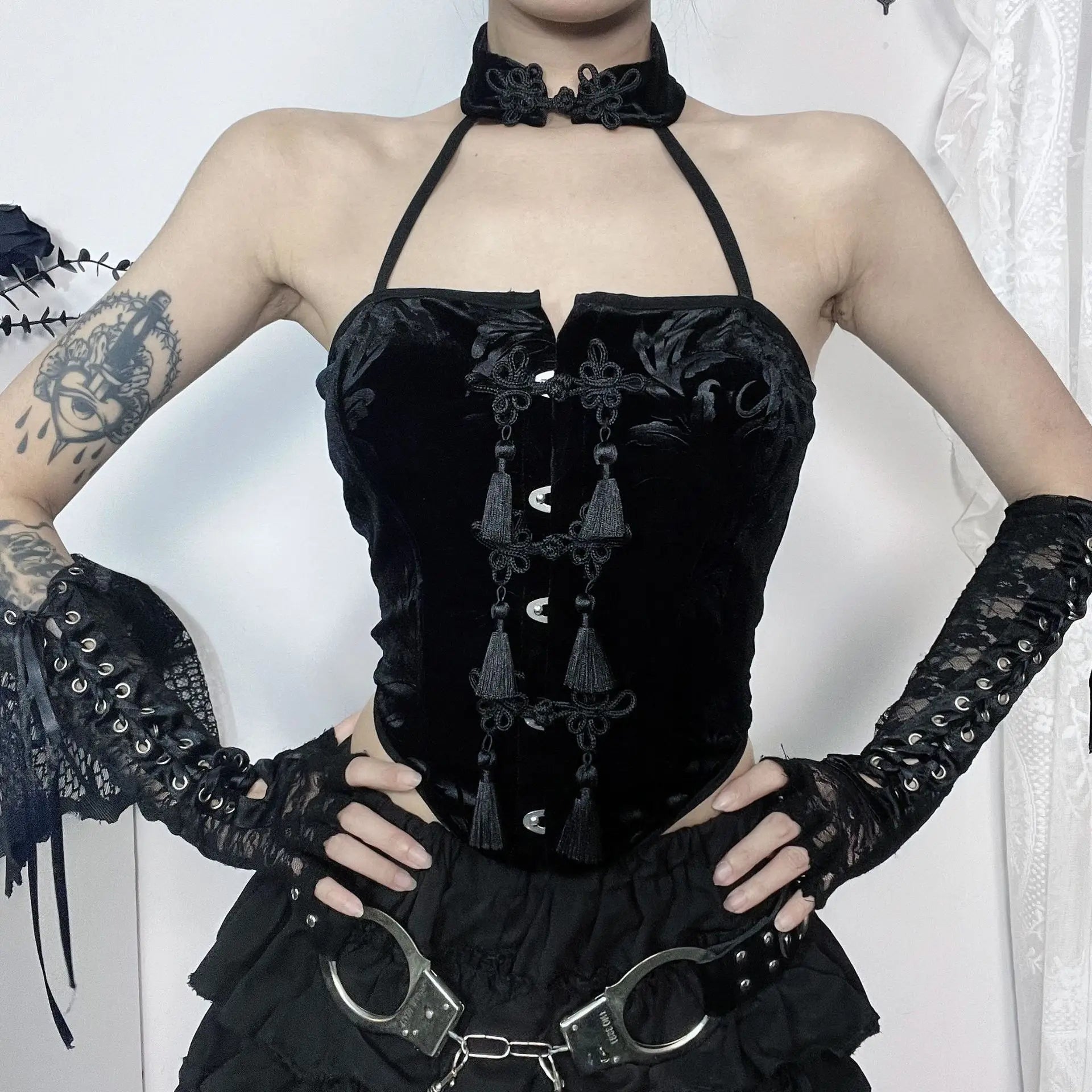 New Arrival Spicy Girl Gothic Style  Choker Neck Black Button Crop Top Main image