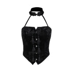 New Arrival Spicy Girl Gothic Style  Choker Neck Black Button Crop Top