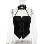 New Arrival Spicy Girl Gothic Style  Choker Neck Black Button Crop Top