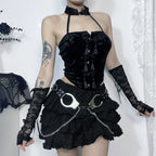 New Arrival Spicy Girl Gothic Style  Choker Neck Black Button Crop Top