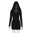 New Dark Retro Punk Street Hooded High Waist  Mini Gothic Vintage Pentagram Strap Long Sleeve Dress