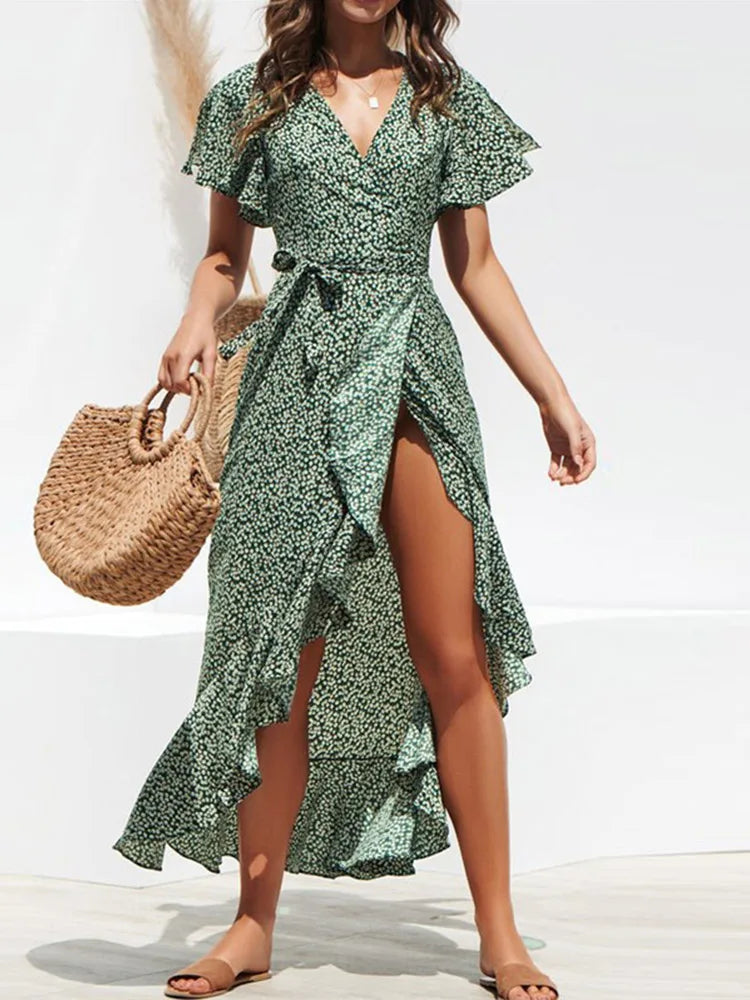 Summer Beach Floral Boho Chiffon Ruffles Wrap V-Neck Split Robe Femme Midi Dresses