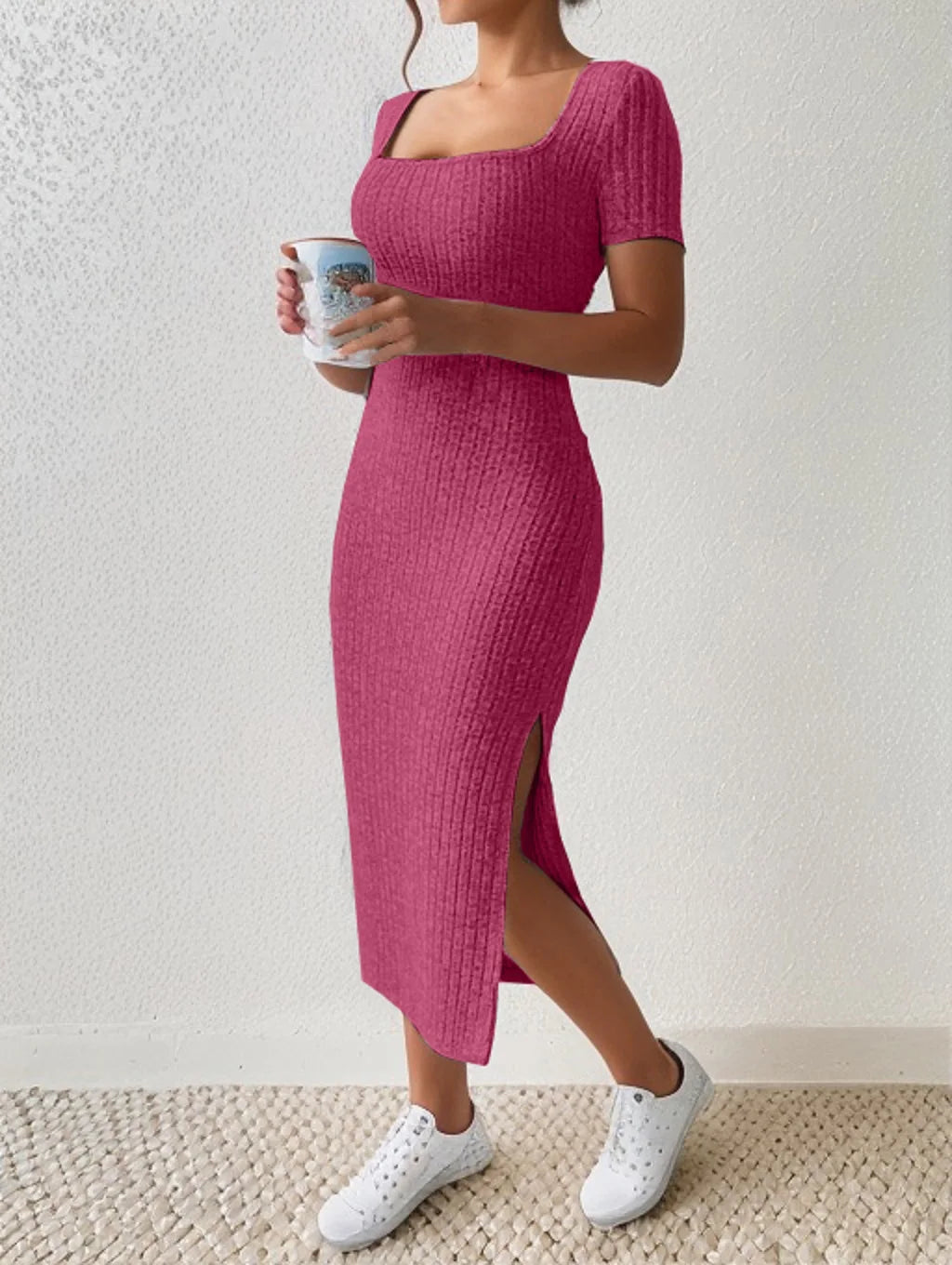 Summer square hip-covering mid-length short-sleeved knitted Midi Dresses