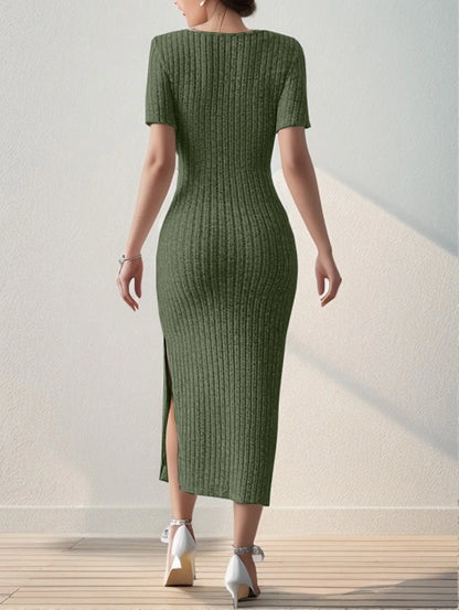 Summer square hip-covering mid-length short-sleeved knitted Midi Dresses