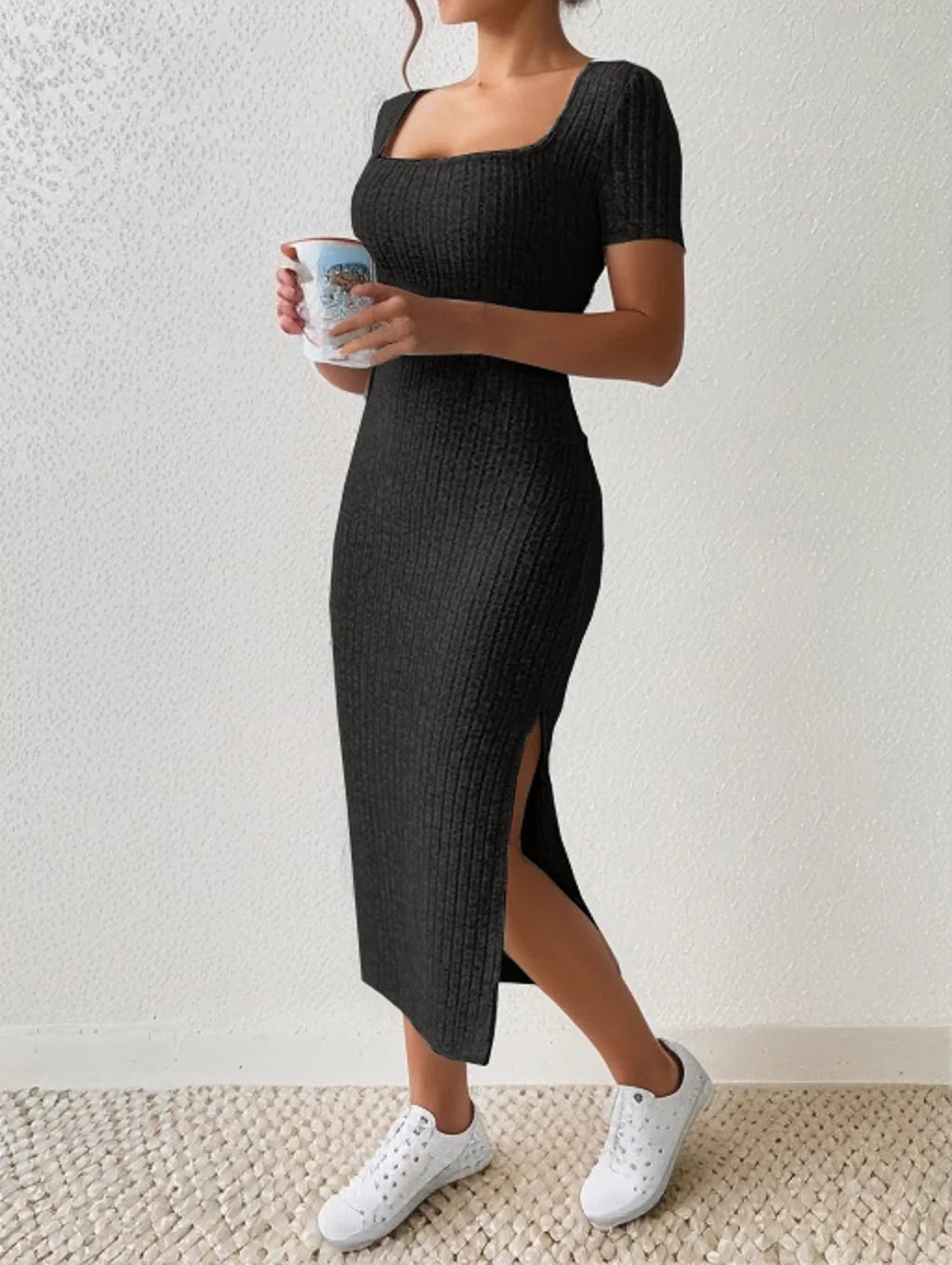 Summer square hip-covering mid-length short-sleeved knitted Midi Dresses