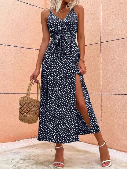 Summer Floral Backless Bandage Slit Beach Sunes Black Sleeveless Midi Dresses