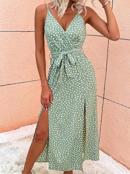 Summer Floral Backless Bandage Slit Beach Sunes Black Sleeveless Midi Dresses