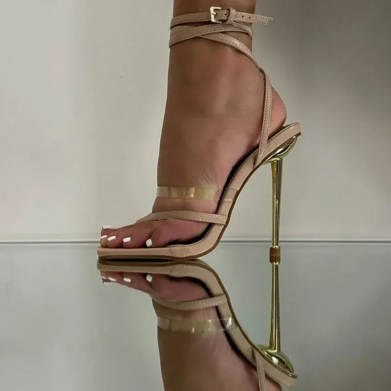 Summer Gladiator Square Head Peep Toe Narrow Band Metal Thin Heels High Heel Main image