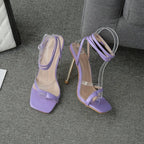 Summer Gladiator Square Head Peep Toe Narrow Band Metal Thin Heels High Heel