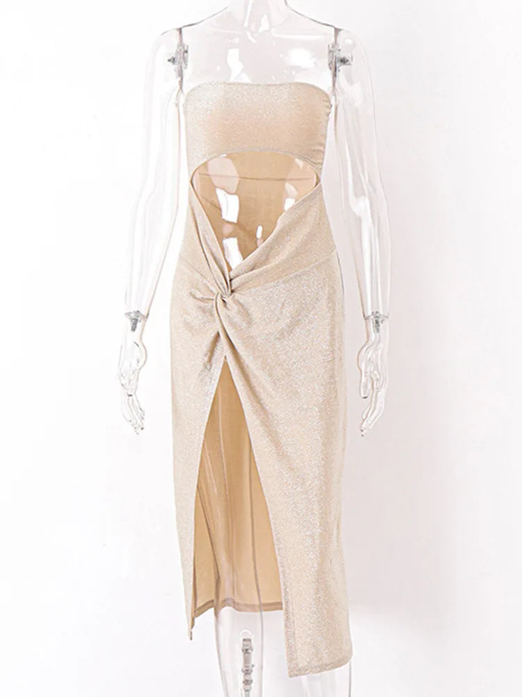 Summer  Sleeveless Slit Hollow Skinny Elegant Long Midi Dresses