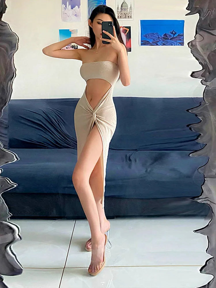 Summer  Sleeveless Slit Hollow Skinny Elegant Long Midi Dresses