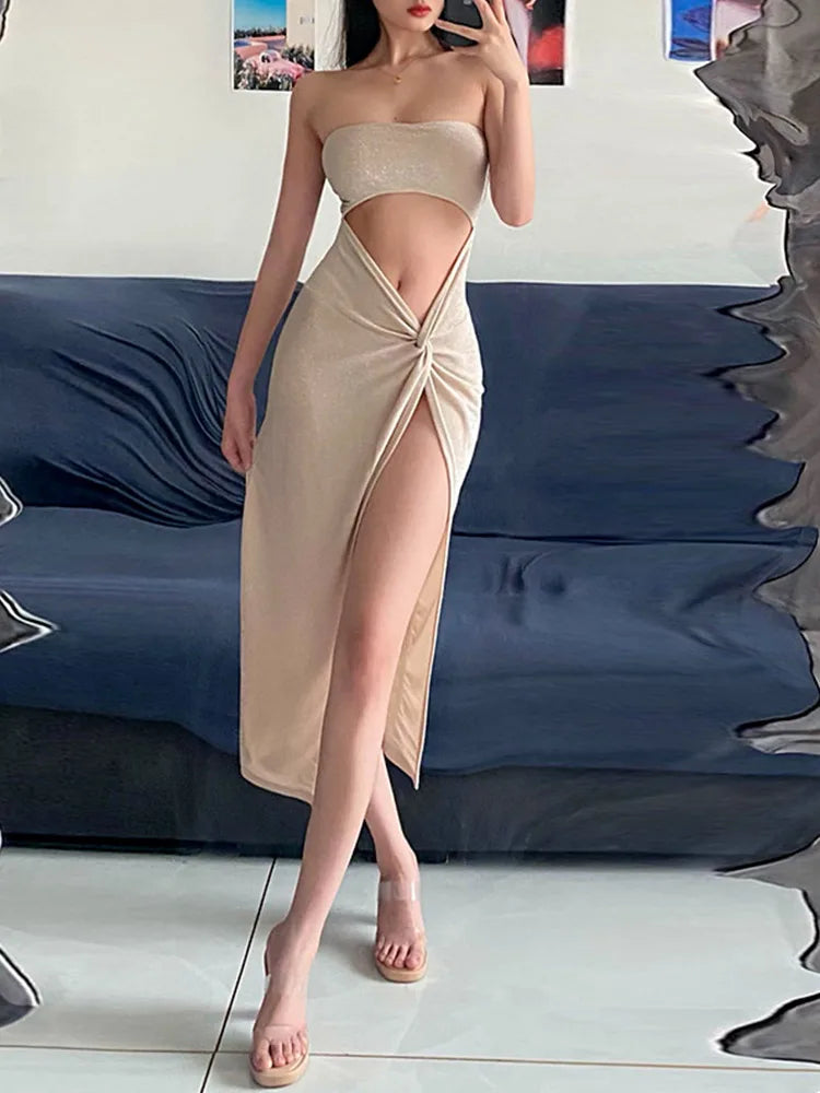 Summer Sexy Sleeveless Slit Hollow Skinny Elegant Long Midi Dresses