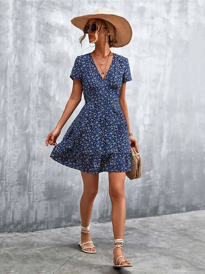 Summer Short Boho V Neck Floral Bohemian Flower Mini Midi Dresses