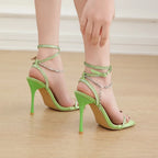 Sassy Summer High Heel  Square Toe Crystal Chain Ankle Buckle High Heel