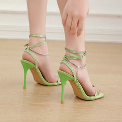 Sassy Summer High Heel  Square Toe Crystal Chain Ankle Buckle High Heel