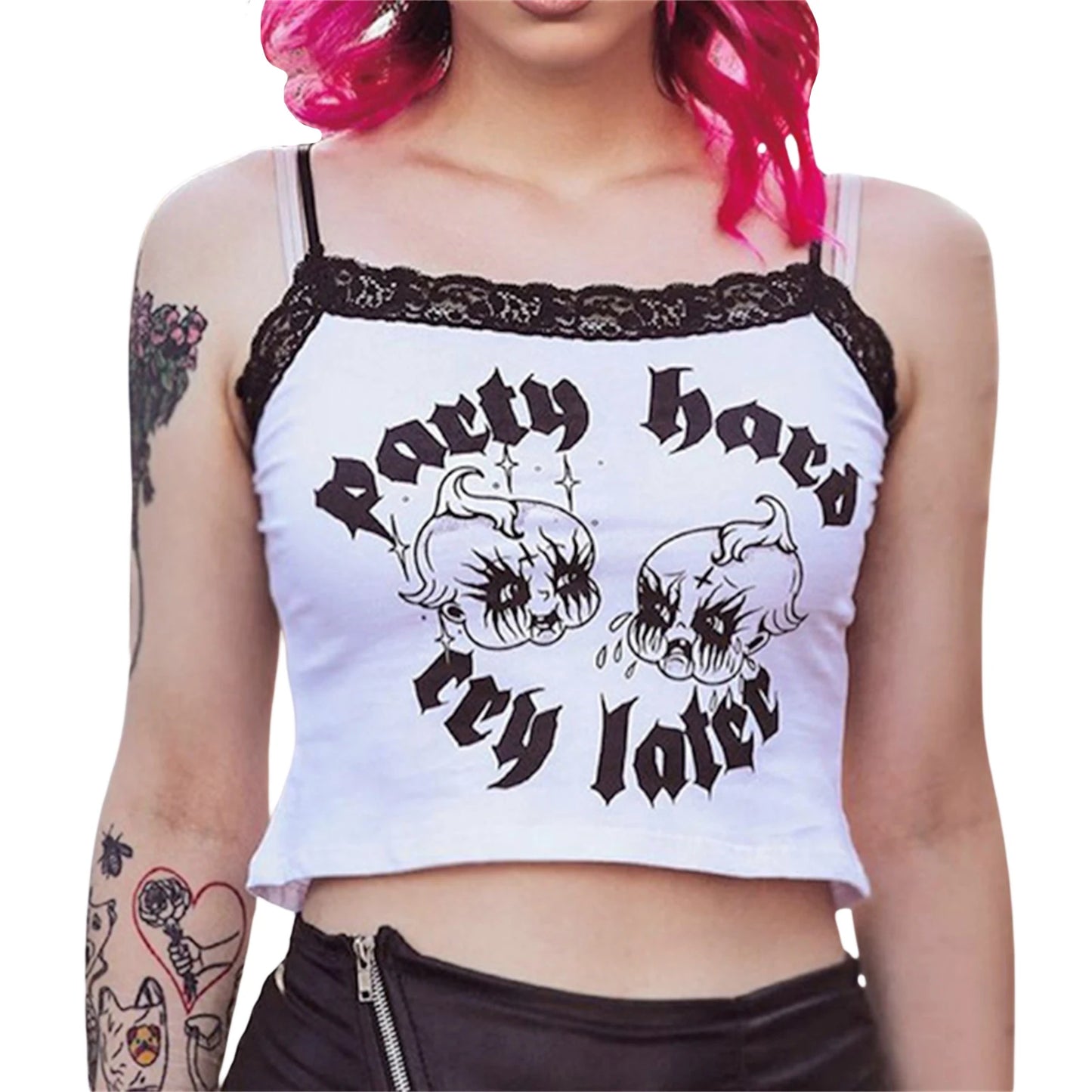 Gothic Lace Trim U-neck Exposed Navel Crop Top