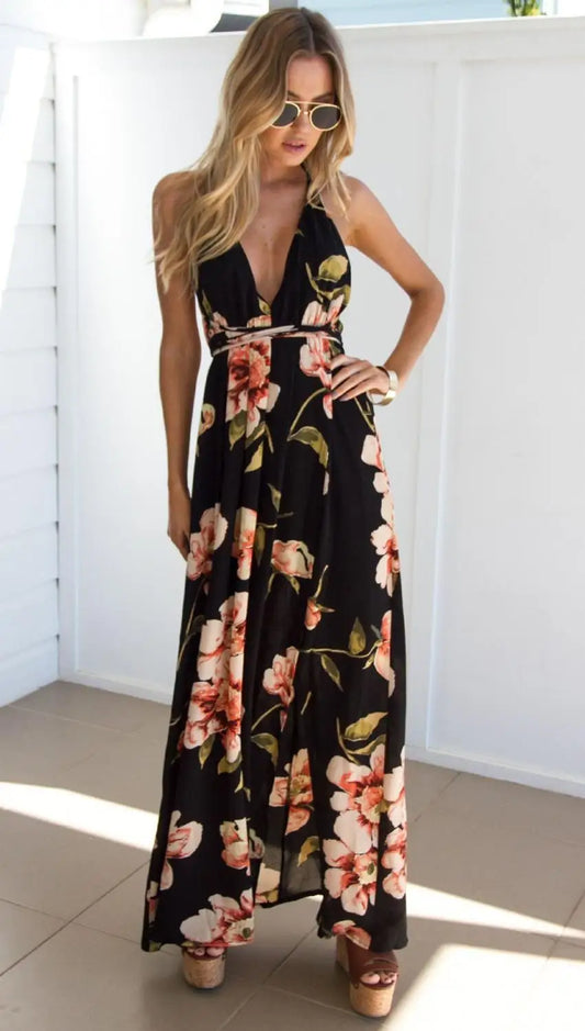 Summer Floral Sexy Pleated Backless Robe Evenning- Midi Dresses